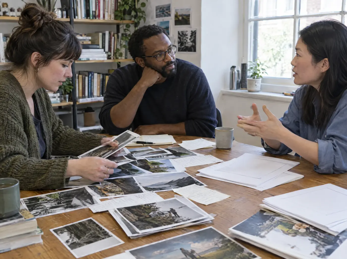 The editorial team discussing photographs around a shared table