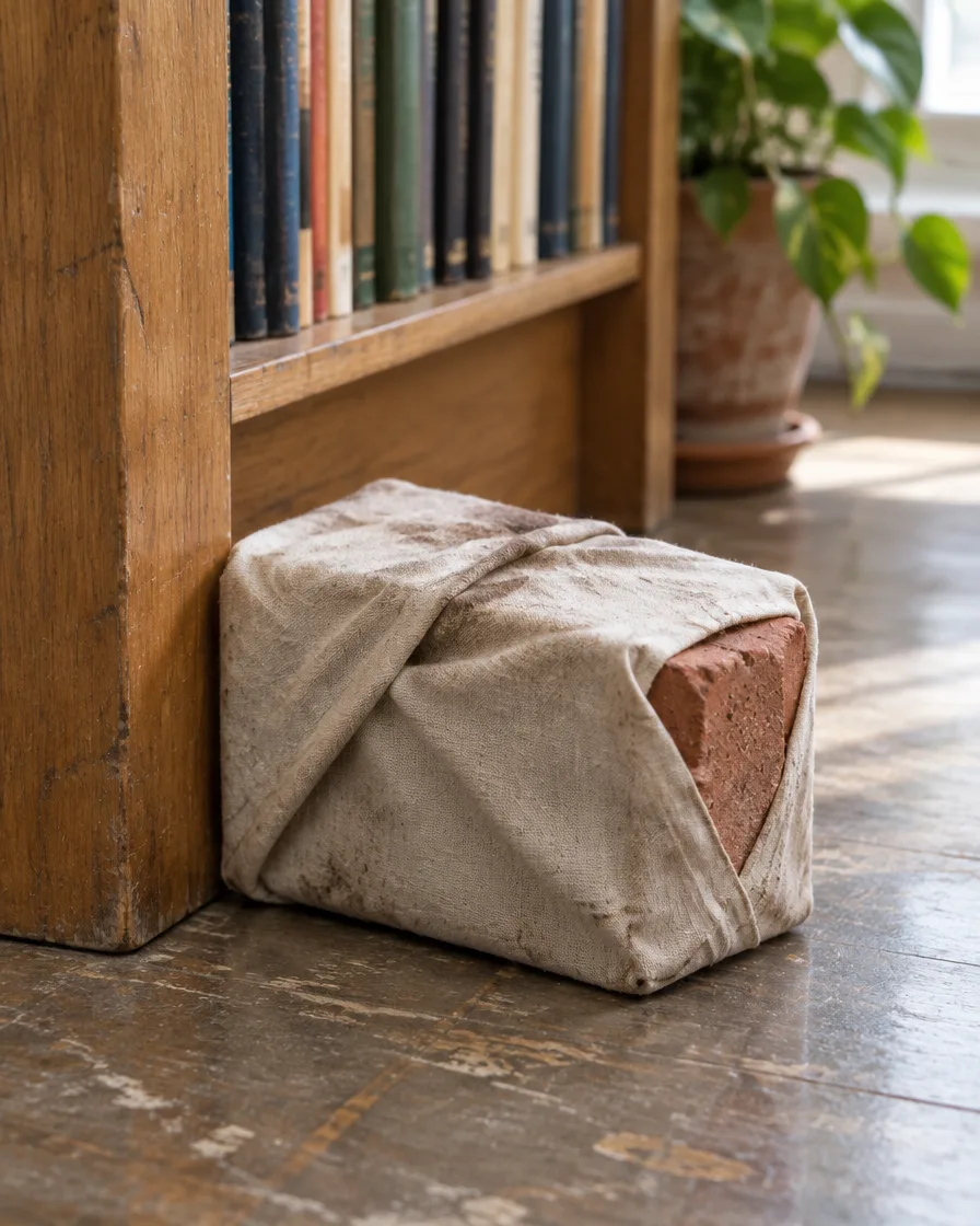 A close view of a wooden shelf edge and a cloth-wrapped brick used as a doorstop