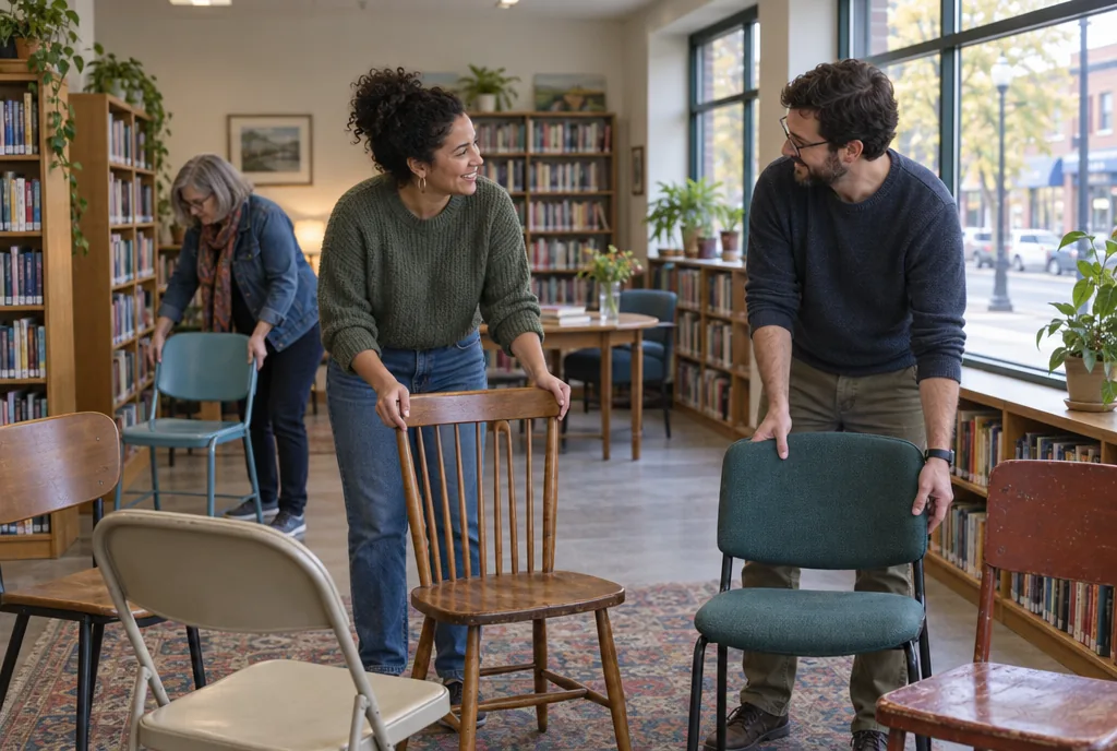 Empty chairs and shelves in a neighborhood reading room shortly before opening