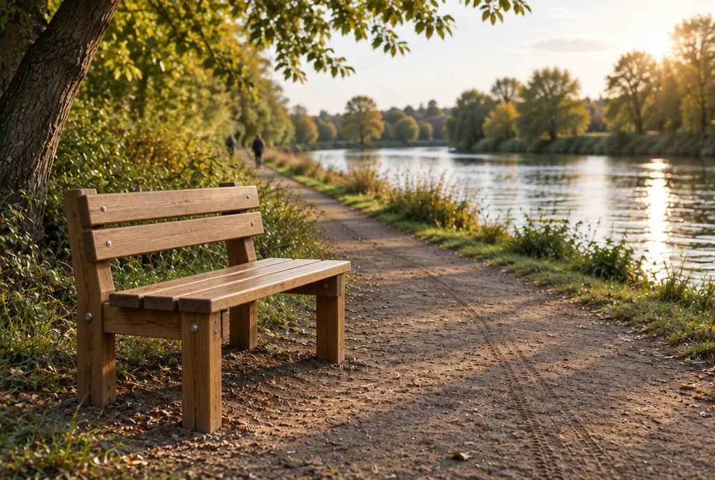 A wooden bench beside a river path with bicycle marks in the packed ground