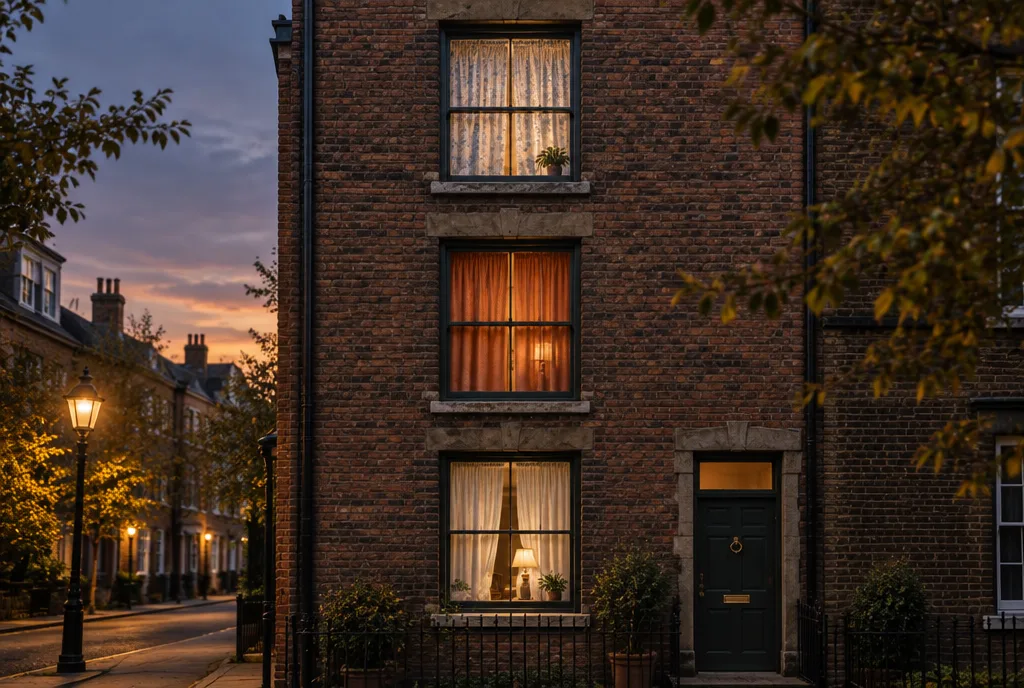 Three stacked windows on a narrow street facade with different curtains