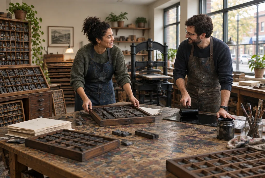 Wooden type cases and a hand press in a small print workshop