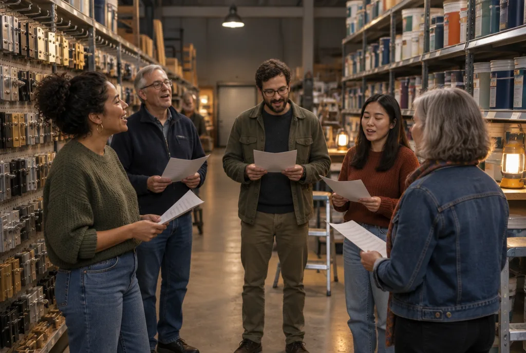 People standing between hardware aisles in a shop after closing