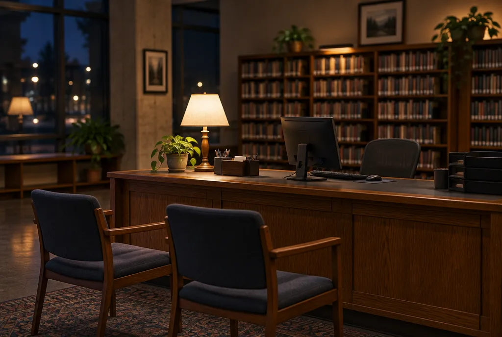 A library service desk at night with a single lamp and empty chairs
