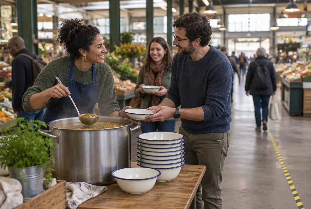 A large pot and stacked bowls at the edge of a market hall aisle