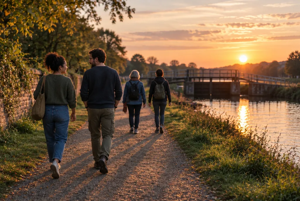 A path at dusk with long shadows and a group of walkers ahead
