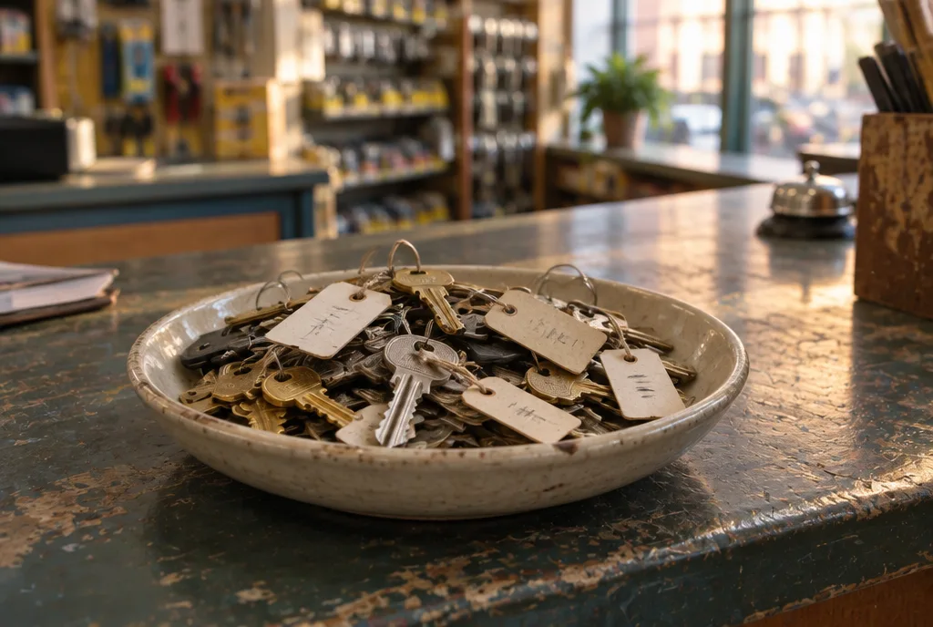 A shallow dish of labelled keys on a worn shop counter